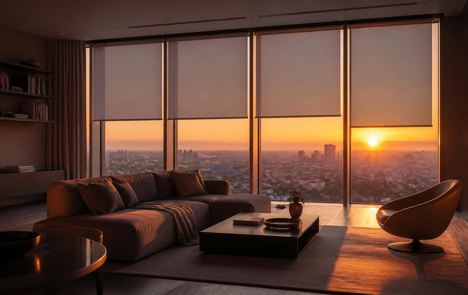 Sunset light through motorized roller blinds in a modern living room